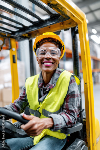 Portrait of a young woman driving a forklift in a warehouse