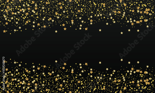 Golden star shaped sparkles confetti isolated on black background.