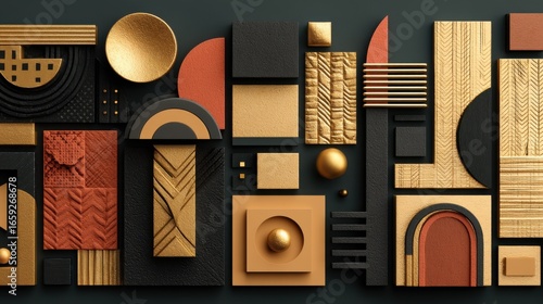 Abstract composition of textured geometric shapes in black, gold, and rust colors on a dark backdrop