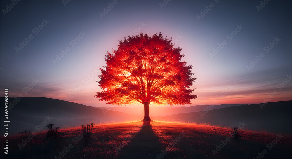Obraz premium Radiant Arbor: A solitary tree with blazing foliage silhouetted against a twilight sky evokes feelings of tranquility, resilience, and the majestic beauty of nature's artistry as dusk descends
