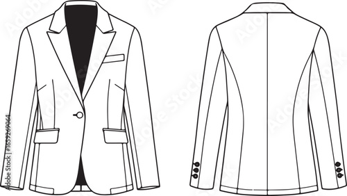 Front and back view of a black and white line drawing of a women's blazer with a dark interior and buttons