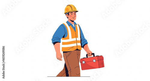 An illustrated construction worker walks carrying a toolbox, ready for work.