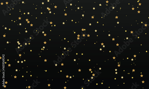 Golden star shaped sparkles confetti isolated on black background.