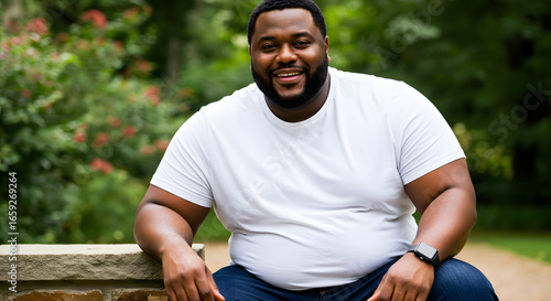 Smiling fat black man in a white t-shirt sitting outdoors