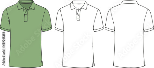 Green and white polo shirt front and back views with outline details Keywords: polo shirt, t-shirt, collar, short sleeve, clothing, apparel, fashion, garment, textile, fabric, style, casual wear