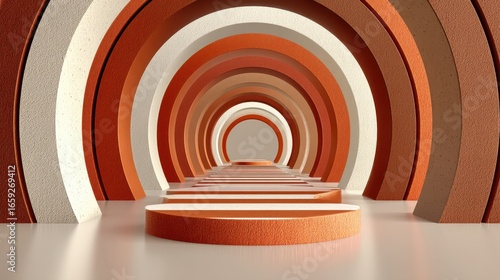 Abstract geometric tunnel with layered arches in warm colors, creating a vibrant visual depth