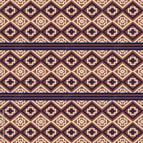 Earthy Tone Traditional Embroidery Art Abstract with Pixel Art Designs for Textile Print