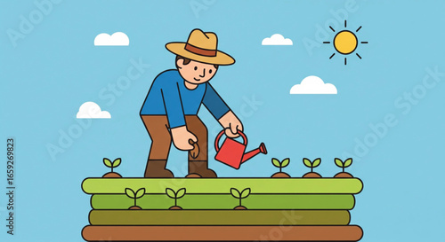 Cartoon illustration of a farmer watering seedlings in a tiered garden under a sunny sky with fluffy clouds.