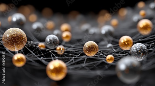 Abstract representation of interconnected spheres with sparkling details against a dark backdrop