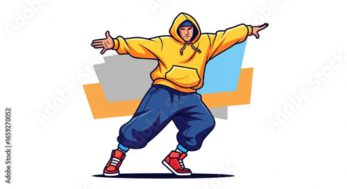 A young man in a yellow hoodie performs a dynamic breakdance pose, showcasing energetic movement and hip-hop style.