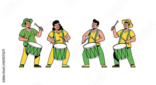 Cartoon illustration of a Brazilian samba percussion band