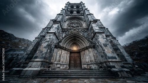 Massive medieval stone cathedral rising from a rocky cliff, dark clouds swirling above, fantasy setting with gothic architecture dominating the landscape  