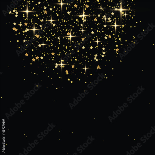 Golden star shaped sparkles confetti isolated on black background.