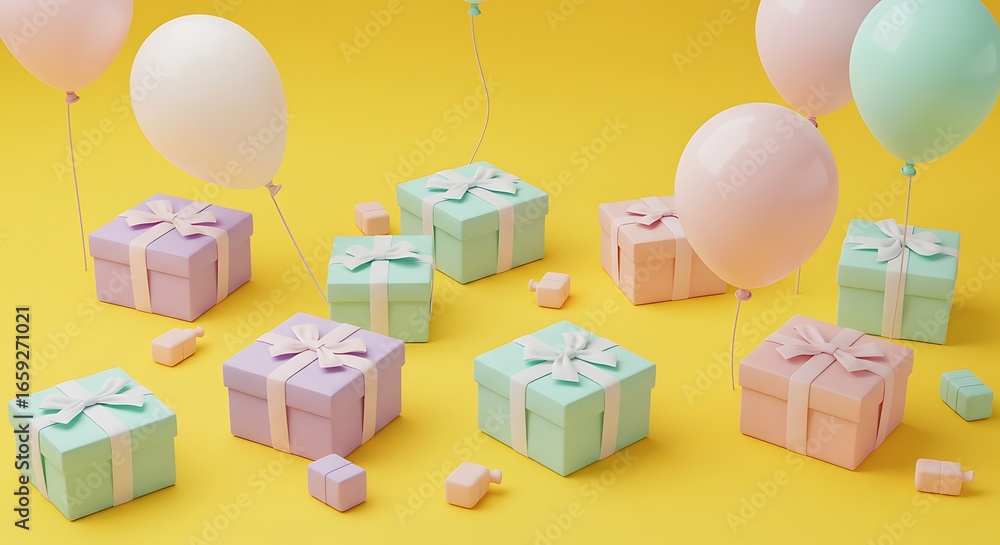 Fototapeta premium Pastel Gift Boxes and Balloons on a Vibrant Yellow Background