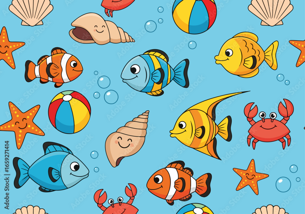 Fototapeta premium A cheerful seamless pattern of smiling sea creatures, including cartoon fish, crabs, and starfish, mixed with seashells and beach balls on a background of playful blue waves and bubbles.