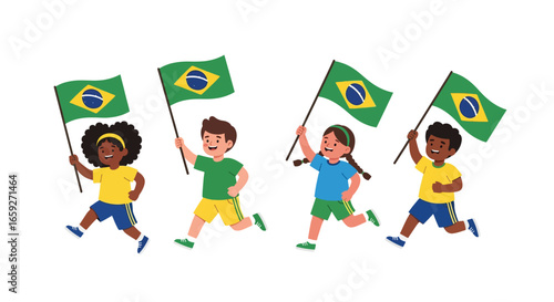 Diverse children running with Brazilian flags