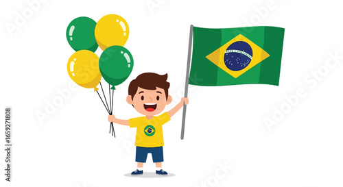 Happy boy holding Brazilian flag and balloons