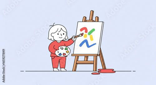 A child artist painting on an easel with vibrant colors.