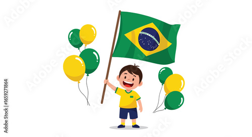 Happy Brazilian Boy Holding Flag and Balloons