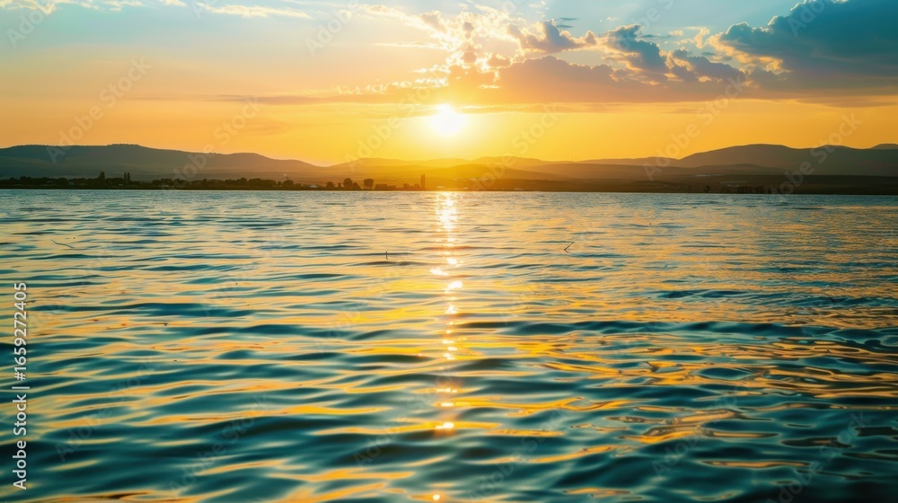 Fototapeta premium Sunset Reflection on a Calm Lake with Distant Hills