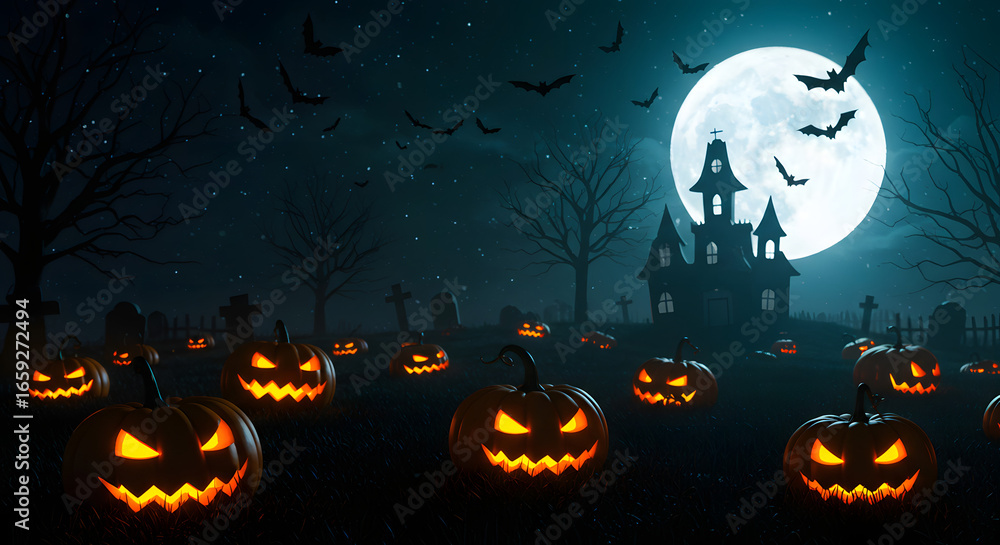 Fototapeta premium A wide view of a spooky graveyard filled with glowing jack-o'-lanterns, with a haunted house silhouetted against a full moon.