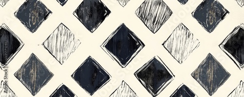 Seamless whimsical hand-drawn geometric pattern, featuring playful black and white diamond shapes, Generative AI