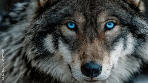 Close-up of a majestic wolf with striking blue eyes, set against a blurred natural background