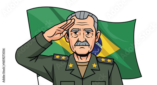 Patriotic Brazilian Military General Saluting with Flag