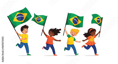 Patriotic Brazilian Kids Running with National Flags