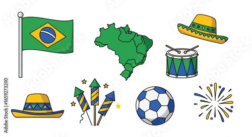 Set of colorful cartoon icons representing Brazilian culture and celebration.