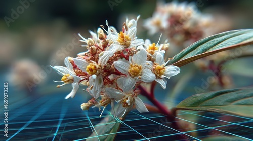 Close-up of delicate white flowers with vibrant yellow centers against a blurred natural backdrop