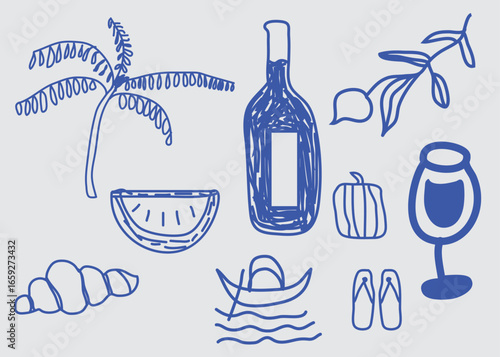Photography hand drawn doodle summer beach vector set with tropical palm trees ocean waves s