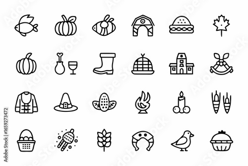 Collection of Autumn and Thanksgiving Themed Icons in Outline Style