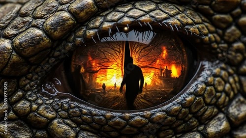 A dramatic reptilian eye reflecting a fiery landscape and silhouette.