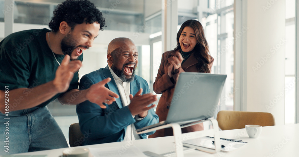 Obraz premium Business, laptop and people in office, cheering and applause with investment, email and winning. Pc, group and employees with celebration, victory or excited with teamwork, clapping or stock market