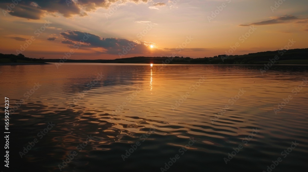 Obraz premium Sunset Reflection on a Calm Lake with Distant Hills