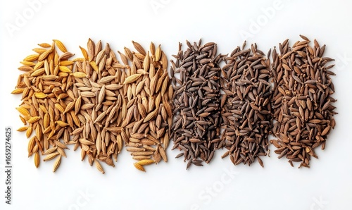 Macro shot of cumin and caraway seeds arranged in a line, isolated on a white background, highlighting the texture and beauty of these aromatic spices, Generative AI