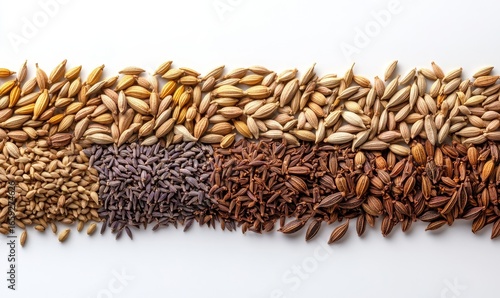 Macro shot of cumin and caraway seeds arranged in a line, isolated on a white background, highlighting the texture and beauty of these aromatic spices, Generative AI