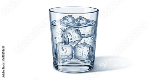 A clear glass filled with water and several ice cubes, casting a soft shadow on a white surface.