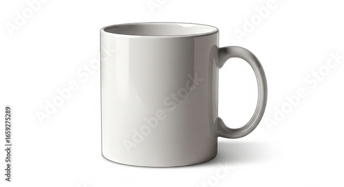 A white ceramic mug sits on a white surface, casting a soft shadow.