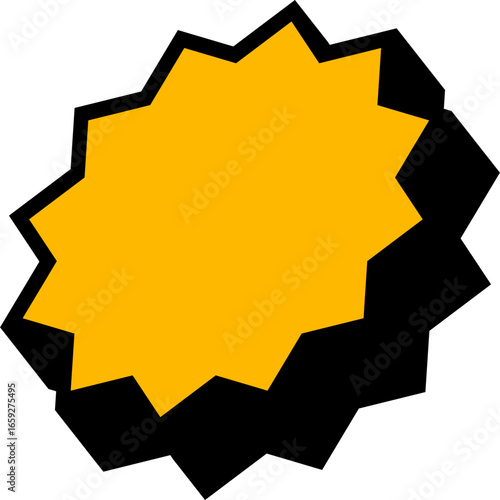 3D orange starburst icon in a retro comic style. Vector illustration of a bold extruded badge or sun shape.