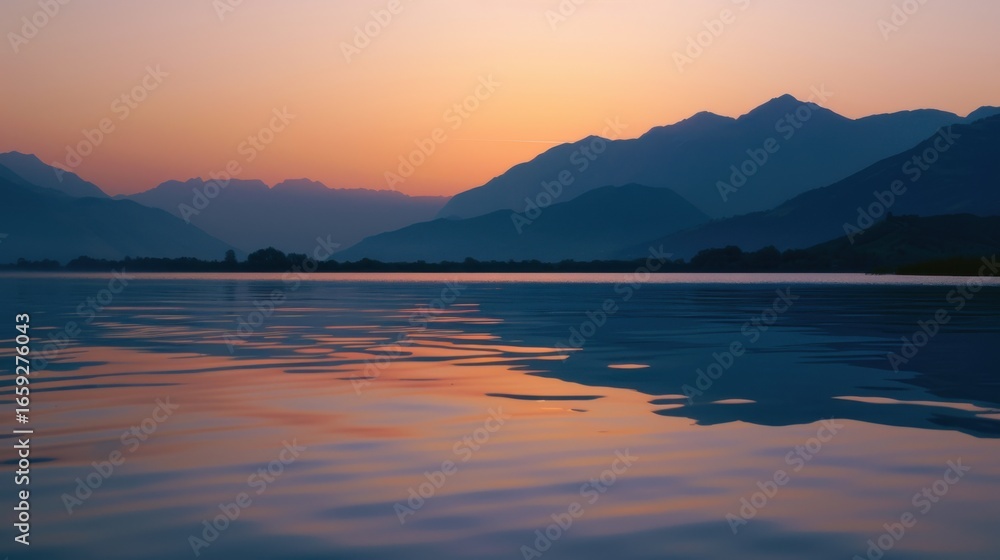 Fototapeta premium Sunset Reflection on a Calm Lake with Distant Hills