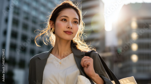 カジュアルな服装の日本人女性。太陽の光が逆光のように彼女を照らす。A Japanese woman in casual clothes, backlit by the sunlight.