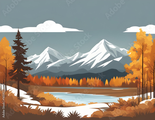 Landscape big mountains, beautiful autumn forest. Autumn forest against the backdrop of snow-capped mountains. Vector illustration.