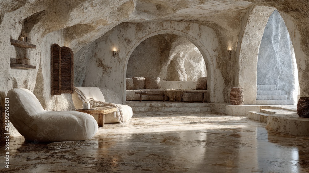 Fototapeta premium Sunlit cave dwelling interior; plush seating, stone walls