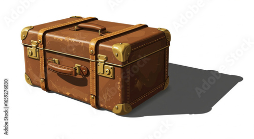 A vintage brown leather suitcase, closed and casting a shadow on a white background.