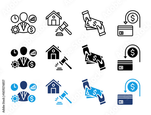 Finance and banking icon set. Containing Manager, Auction, Cash Payment, Chargeback Icons Collection.