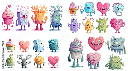 Funny and colorful monsters shaped like cupcakes, hearts, and other playful forms, perfect for children’s designs, stickers, and whimsical illustrations.