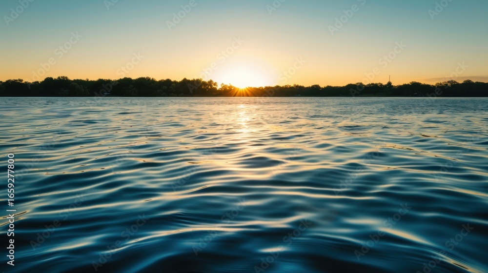Fototapeta premium Sunset Reflection on a Calm Lake with Distant Hills