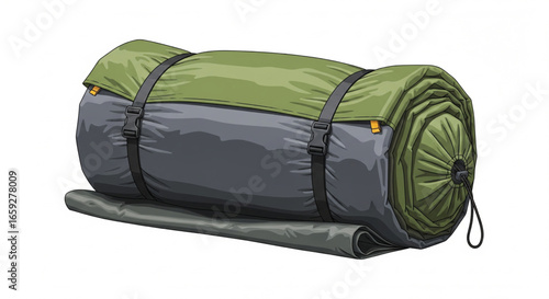 Rolled-up camping sleeping mat, neatly strapped, ready for outdoor adventure.